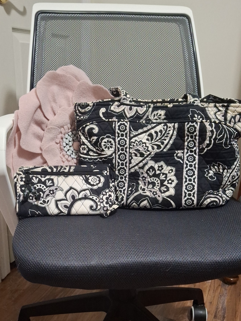 Vera Bradley Black and White Floral Shoulder Bag with Matching Wallet